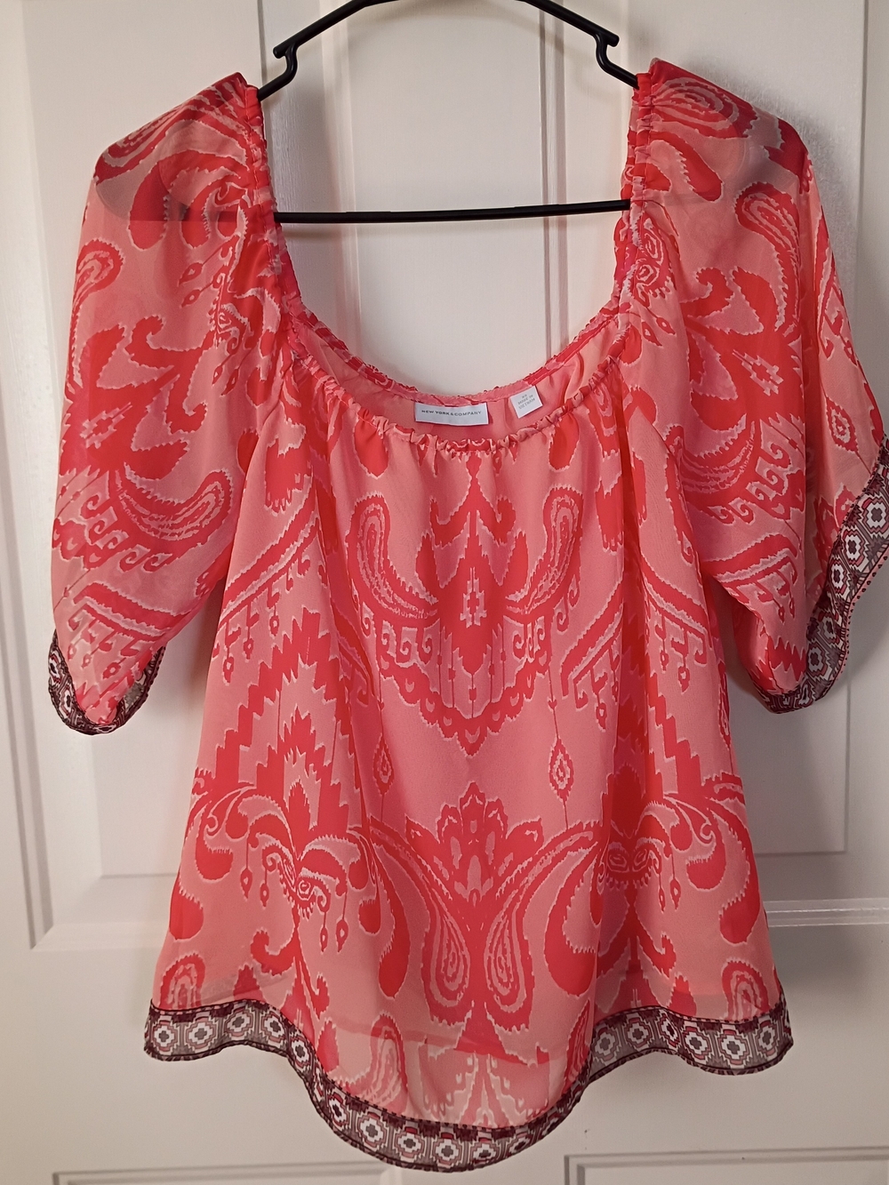 New York & Company Coral Paisley Peasant Blouse